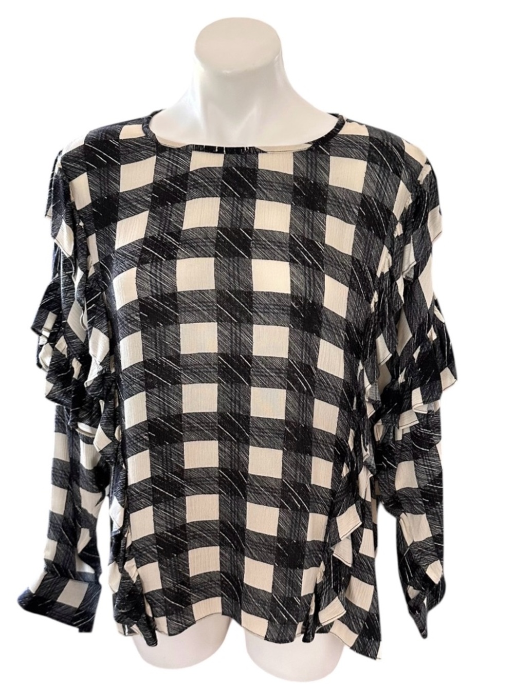 Adriano Goldschmeid Bijou Blouse Black/Cream Plaid Ruffled Long Sleeve Size XS